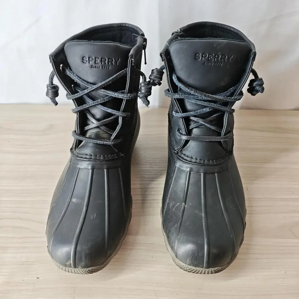 Sperry Saltwater Boots Girls Size 3 Black Ankle Rain Duck Zipper Lace Up